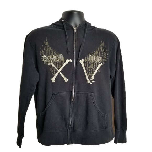 Vans Warped Tour Medium Black Zip Hoodie Crossbones Wings Graphics Vintage Band - Picture 1 of 12